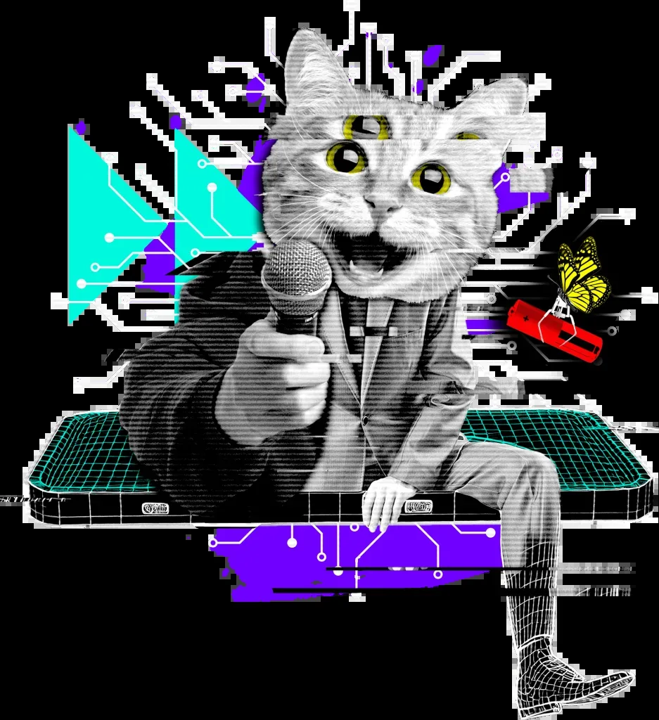 Offizielles EMBRACE THE NEW Motiv mit einer Katze am Mikrofon